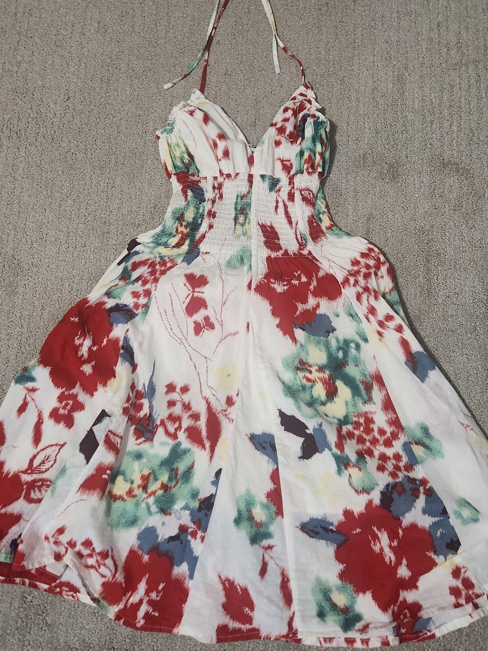 Floral Halter Sundress in White with Red & Green Print